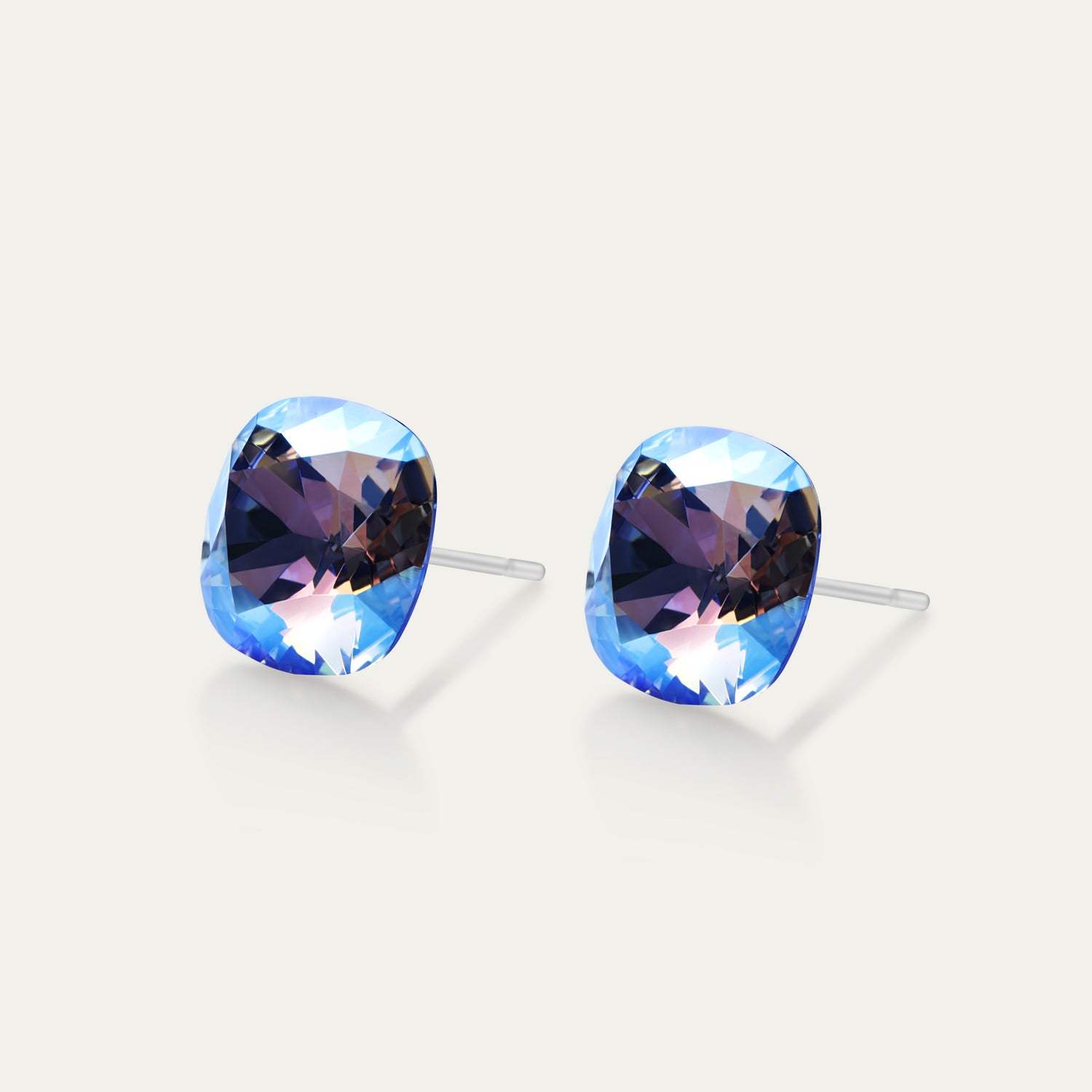 Sophia - Iridescent Light Sapphire - 10mm Blue & Iridescent Color Crystal Cushion - Hypoallergenic Stainless Steel Stud Earring