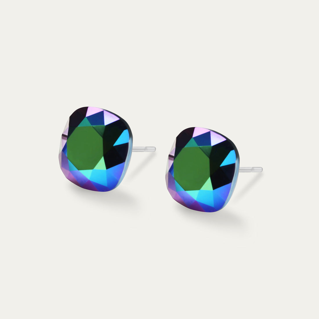 Sophia - Scarabeus Green - 10mm Iridescent Color Crystal Cushion - Hypoallergenic Stainless Steel Stud Earring