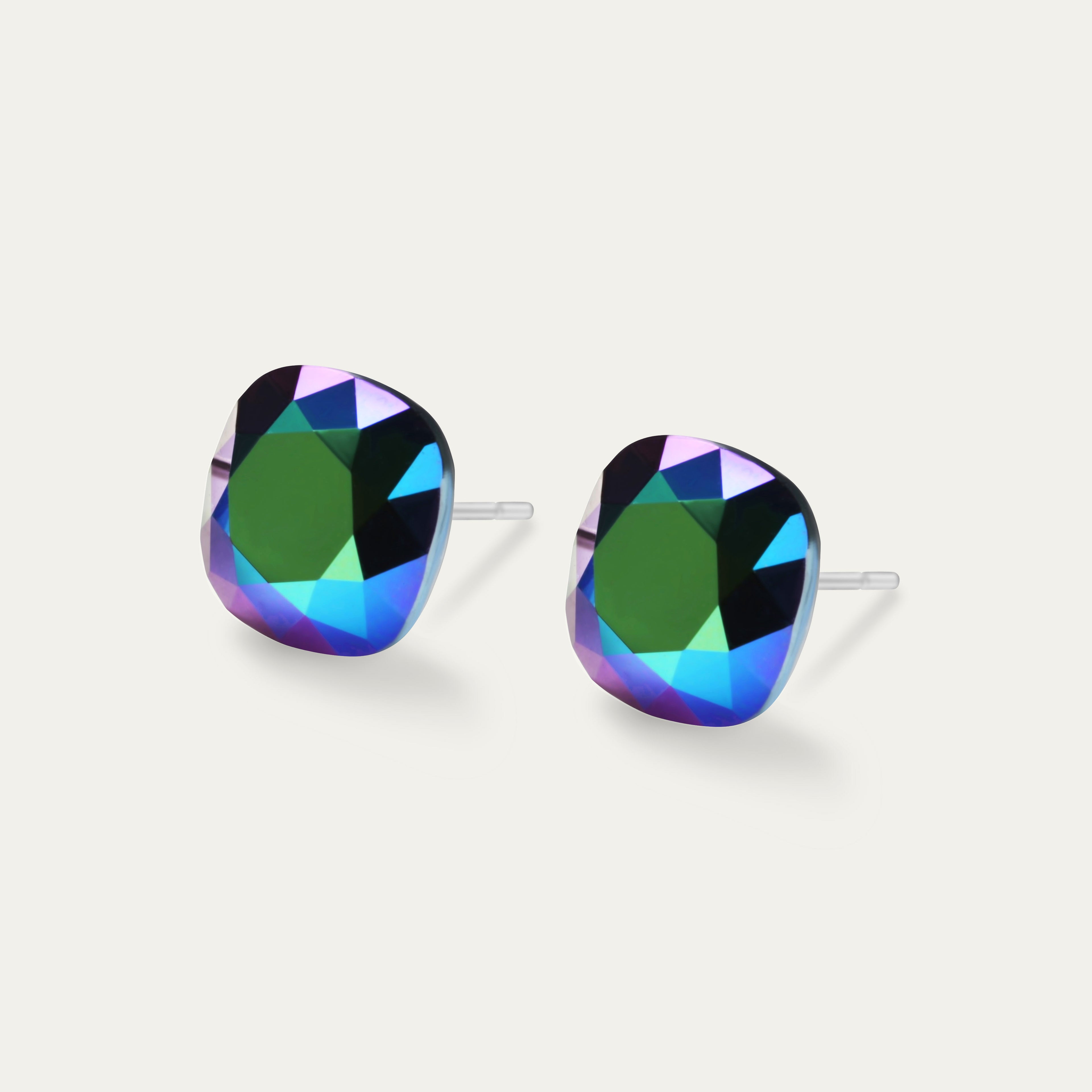 Sophia - Scarabeus Green - 10mm Iridescent Color Crystal Cushion - Hypoallergenic Stainless Steel Stud Earring