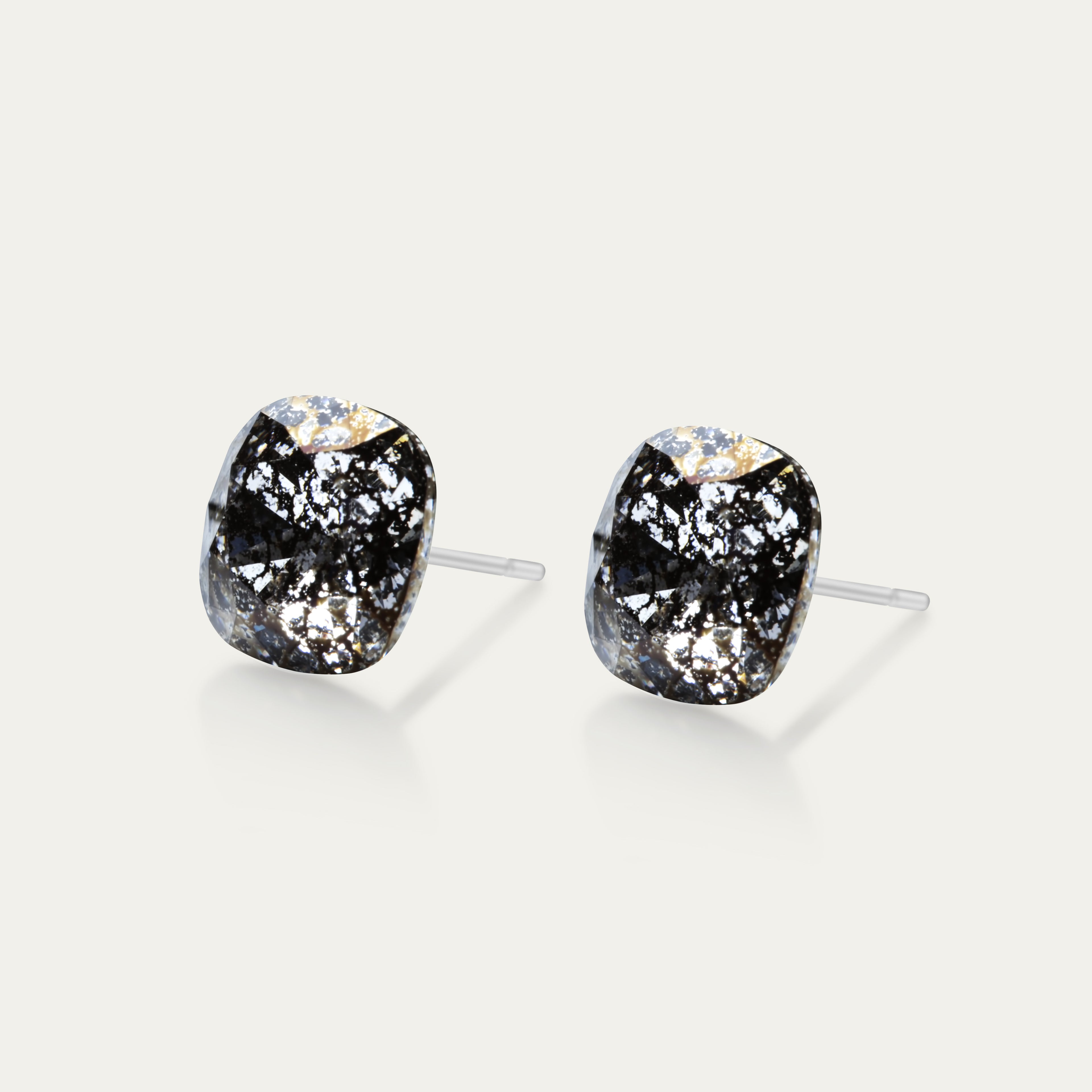 Sophia - Black Patina - 10mm Black Color Crystal Cushion - Hypoallergenic Stainless Steel Stud Earring