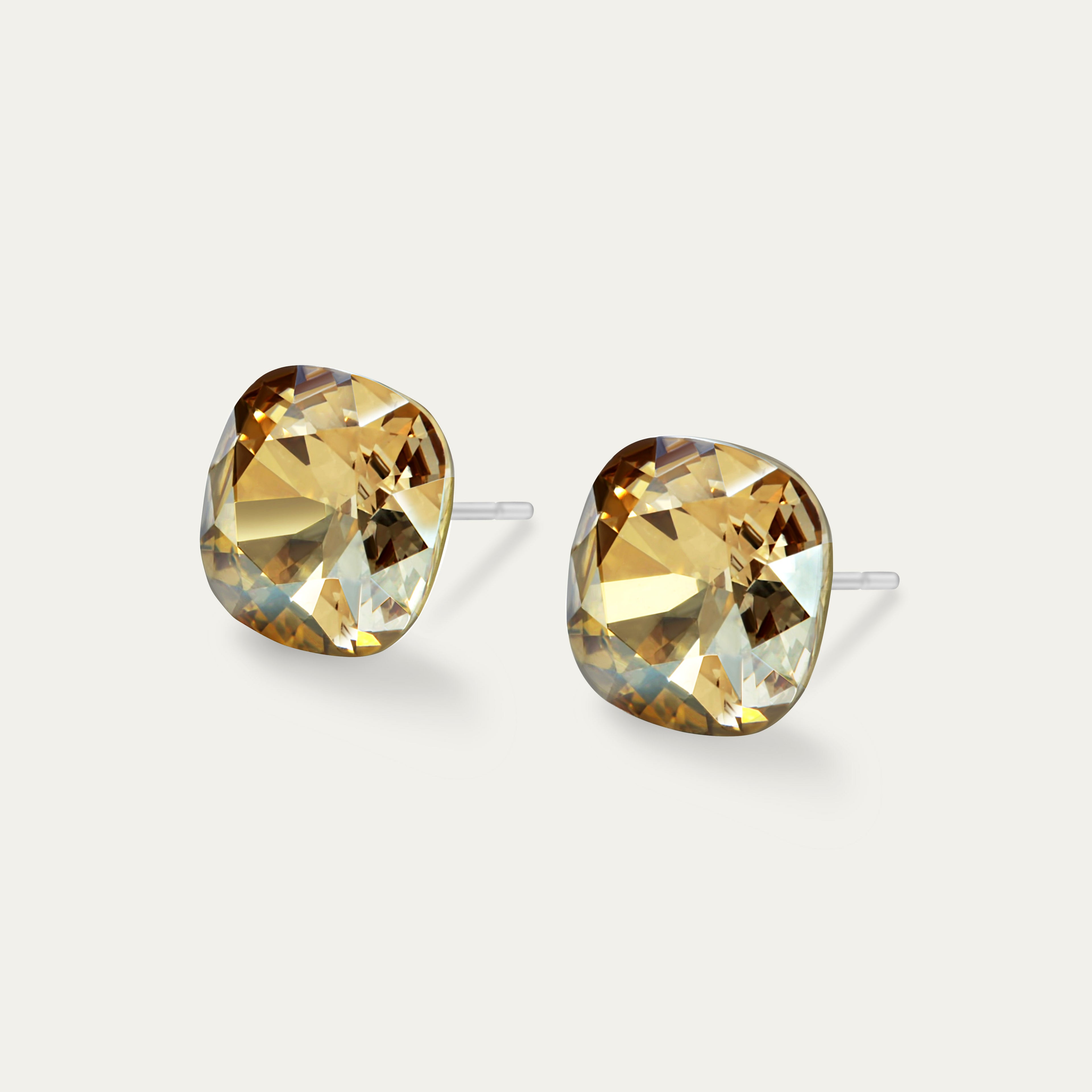 Sophia - Golden Shadow - 10mm Gold Color Crystal Cushion - Hypoallergenic Stainless Steel Stud Earring