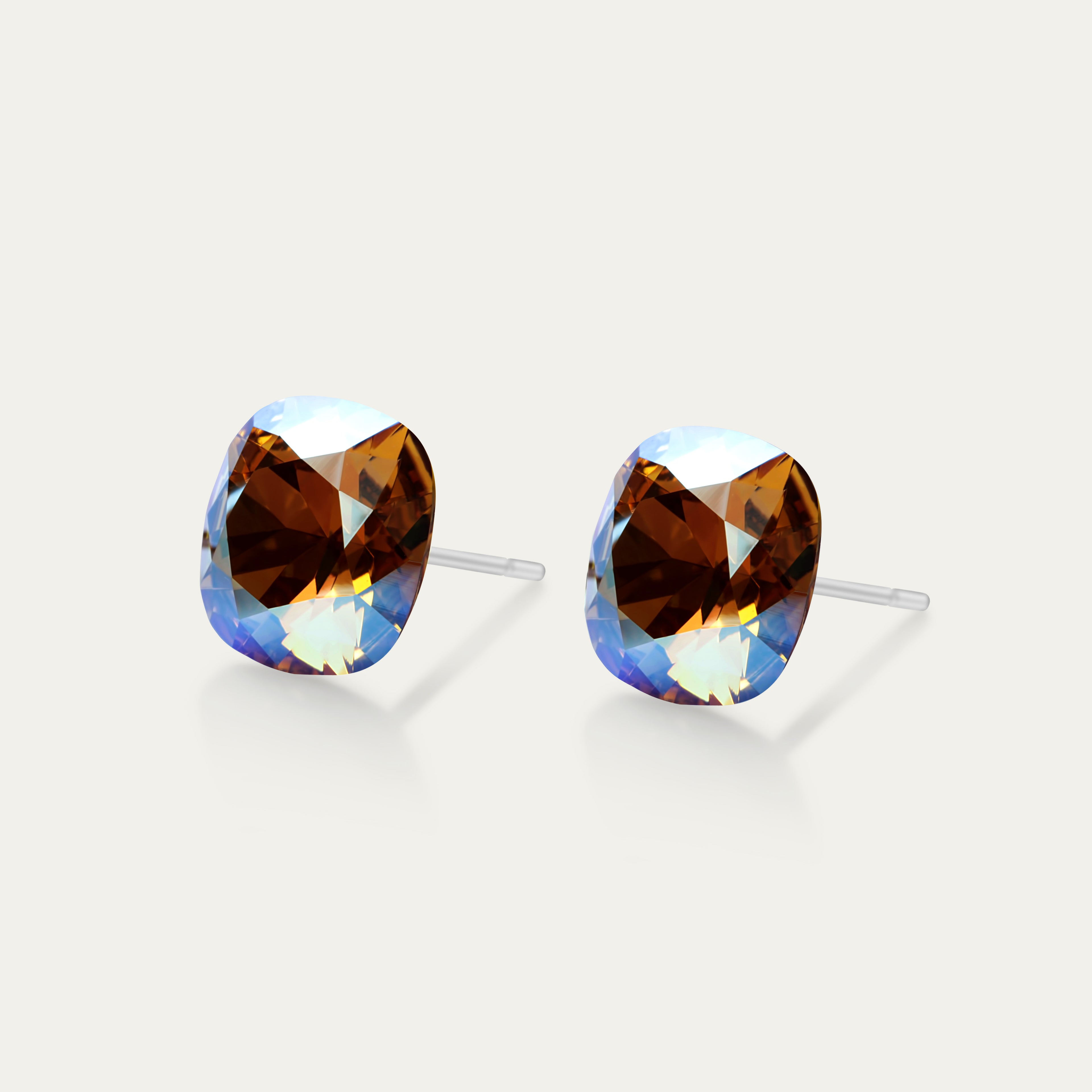 Sophia - Iridescent Light Colorado Topaz - 10mm Blue & Brown & Iridescent Color Crystal Cushion - Hypoallergenic Stainless Steel Stud Earring