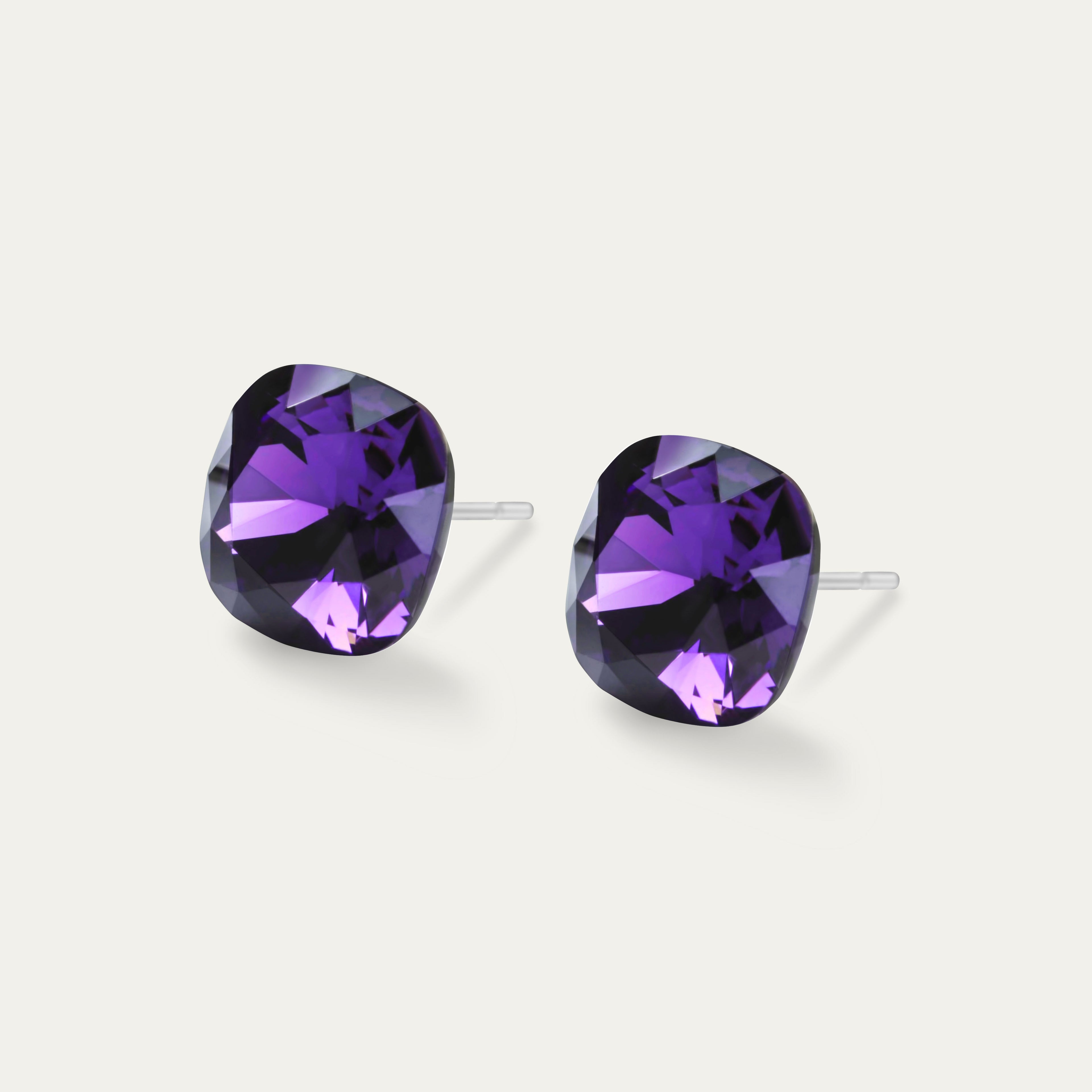 Sophia - Purple Velvet - 10mm Purple Color Crystal Cushion - Hypoallergenic Stainless Steel Stud Earring