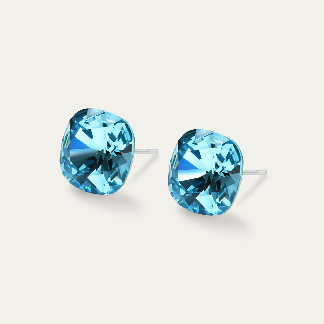 Sophia - Aquamarine - 10mm Blue Color Crystal Cushion - Hypoallergenic Stainless Steel Stud Earring