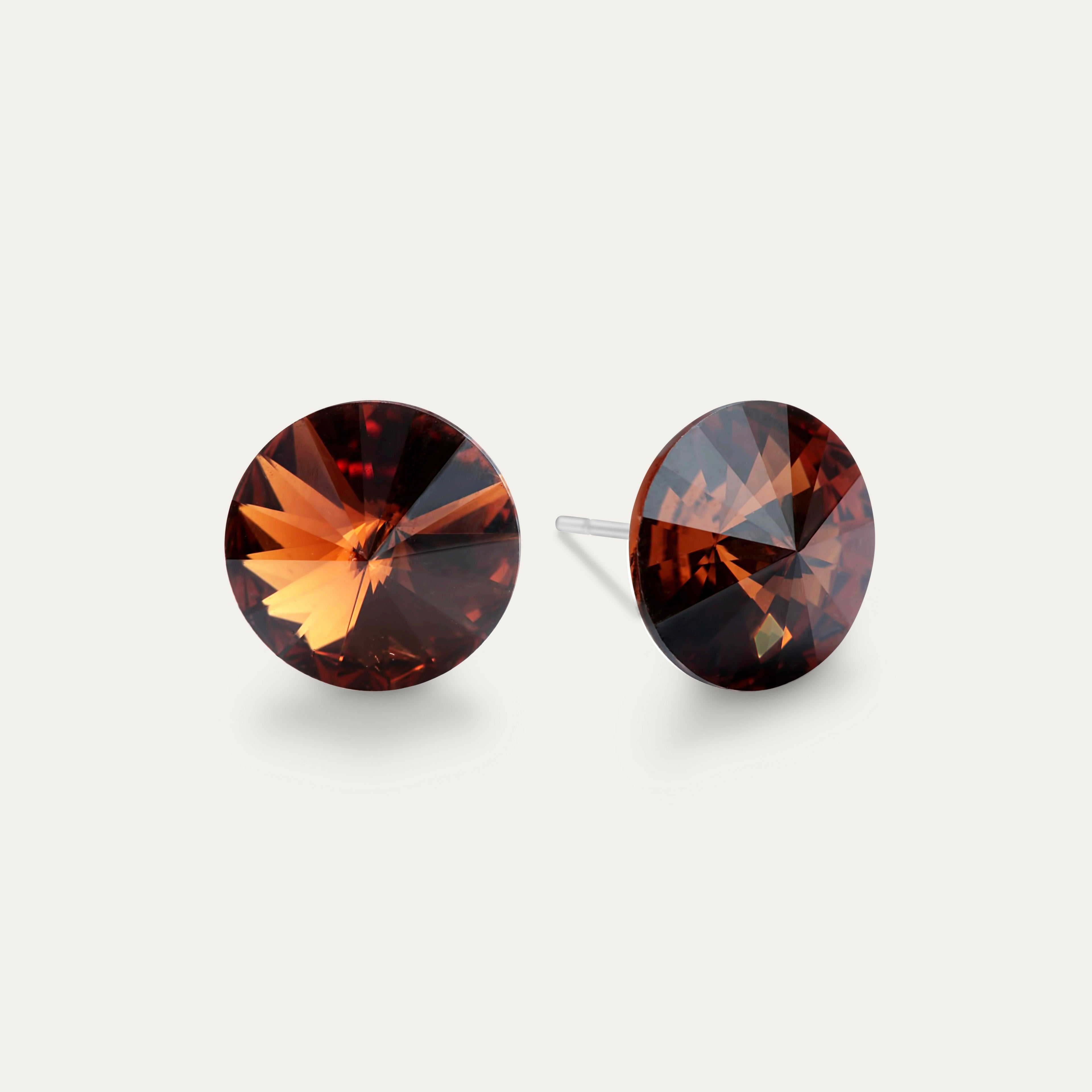 Ella - Smoked Topaz - 10mm Brown Color Crystal - Hypoallergenic Stainless Steel Stud Earring