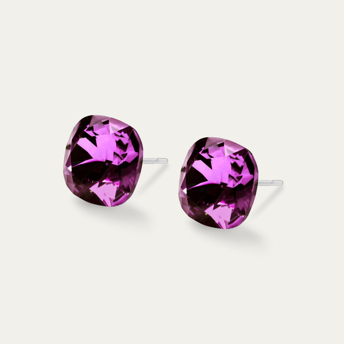 Sophia - Amethyst - 10mm Purple Color Crystal Cushion - Hypoallergenic Stainless Steel Stud Earring - Earrings - Sophia - 10 - 204 - Amethyst - Seona