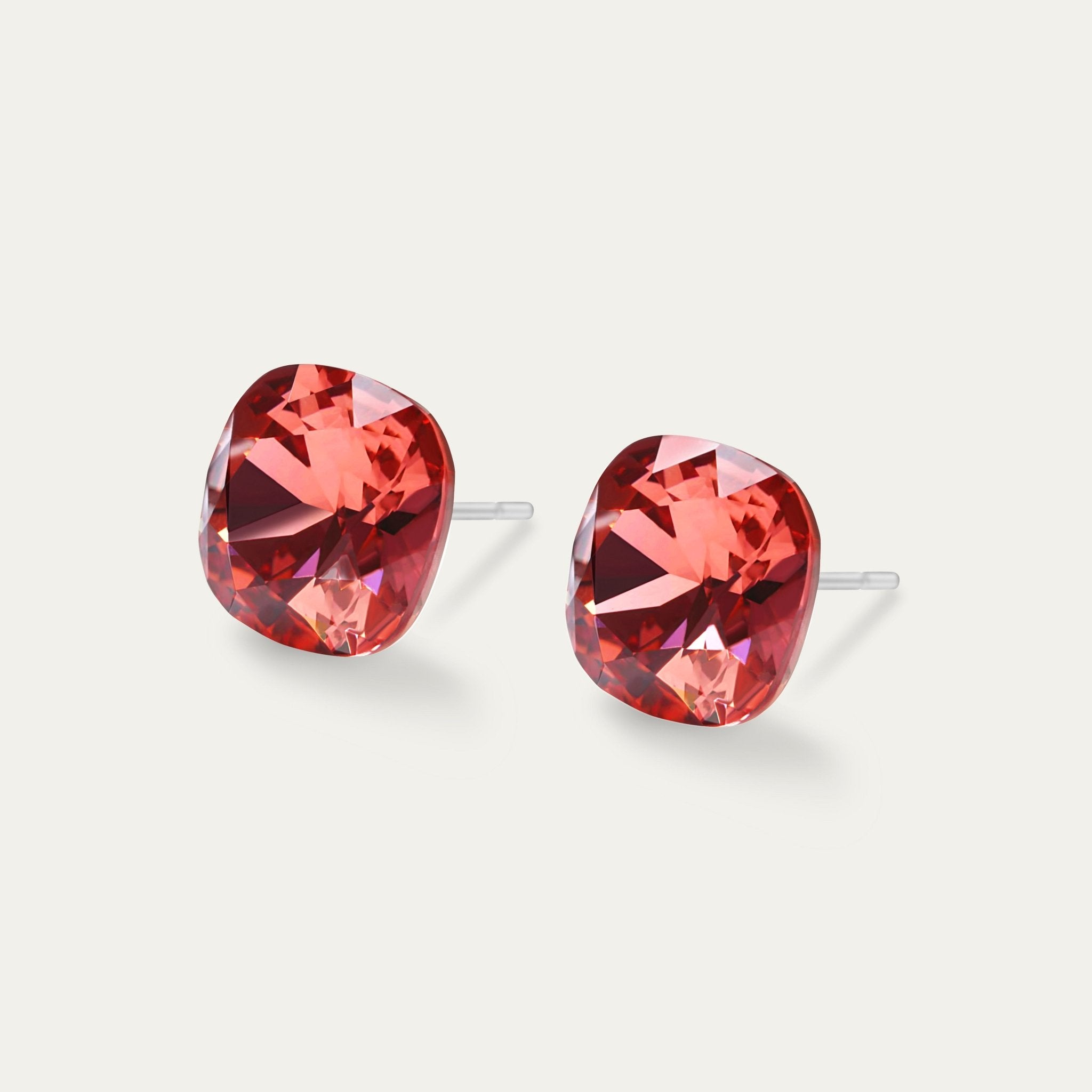 Sophia - Padparadscha - 10mm Coral Color Crystal Cushion - Hypoallergenic Stainless Steel Stud Earring - Earrings - Sophia - 10 - 542 - Padparadscha - Seona