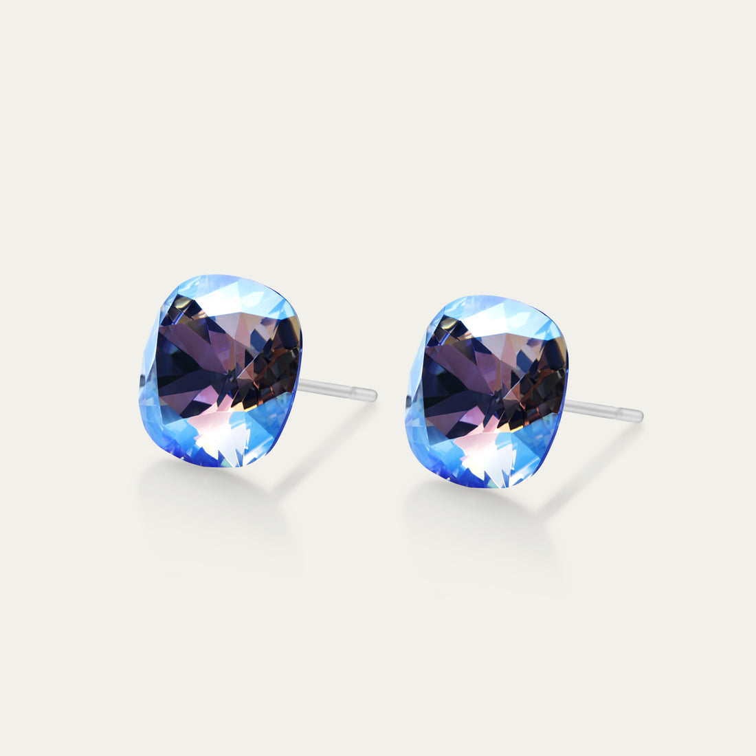 Sophia - Iridescent Light Sapphire - 10mm Blue & Iridescent Color Crystal Cushion - Hypoallergenic Stainless Steel Stud Earring