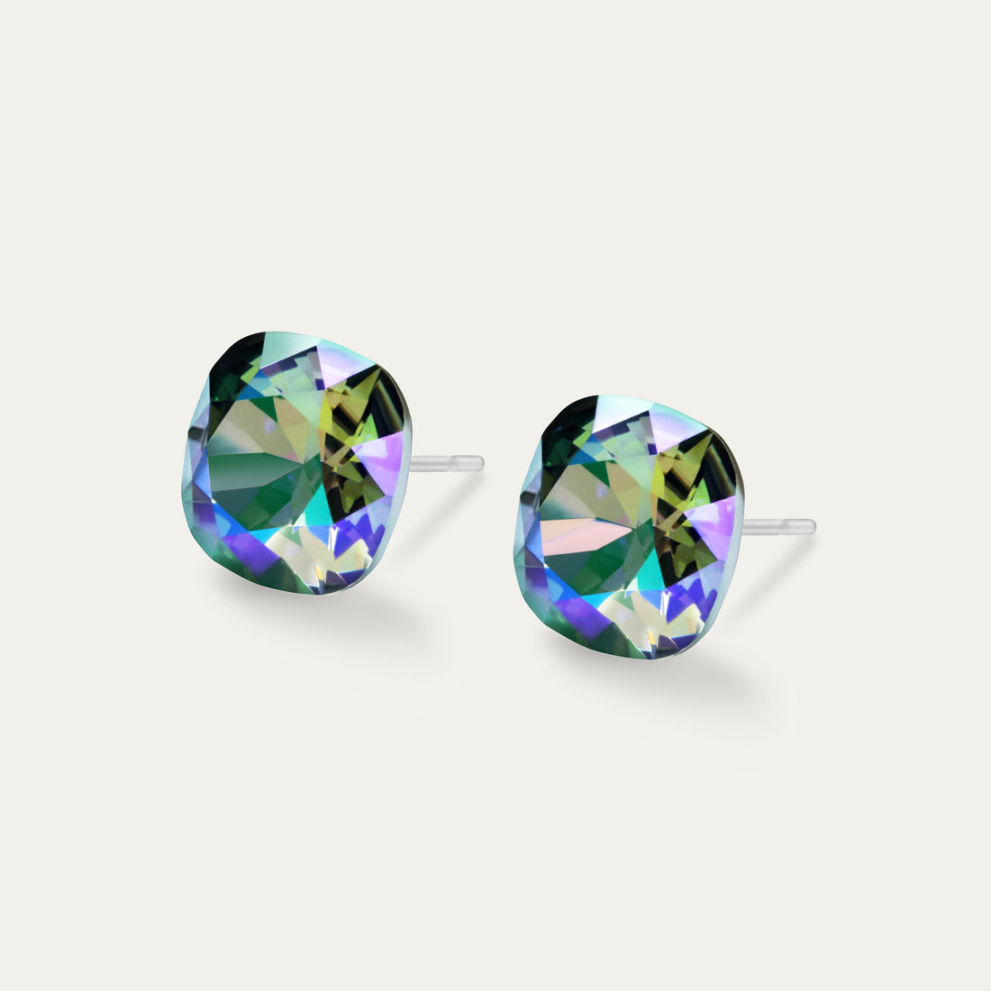 Sophia - Paradise Shine - 10mm Iridescent Color Crystal Cushion - Hypoallergenic Stainless Steel Stud Earring