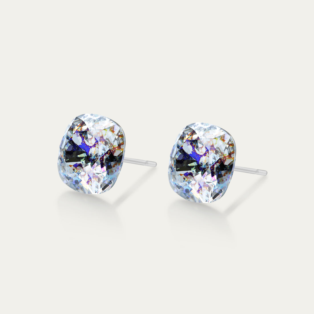 Sophia - White Patina - 10mm White Color Crystal Cushion - Hypoallergenic Stainless Steel Stud Earring