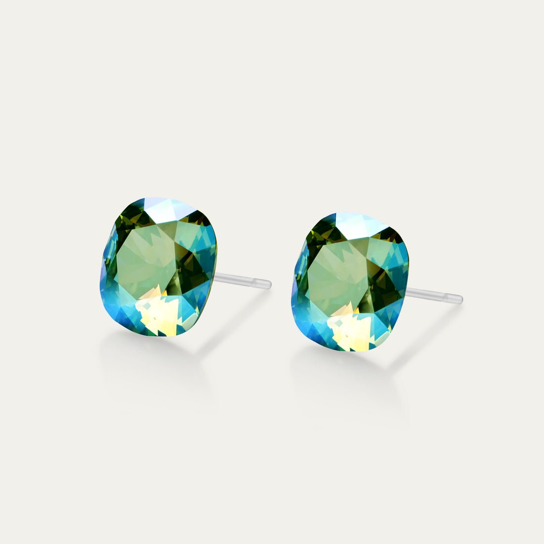 Sophia - Iridescent Erinite - 10mm Blue & Green & Iridescent Color Crystal Cushion - Hypoallergenic Stainless Steel Stud Earring