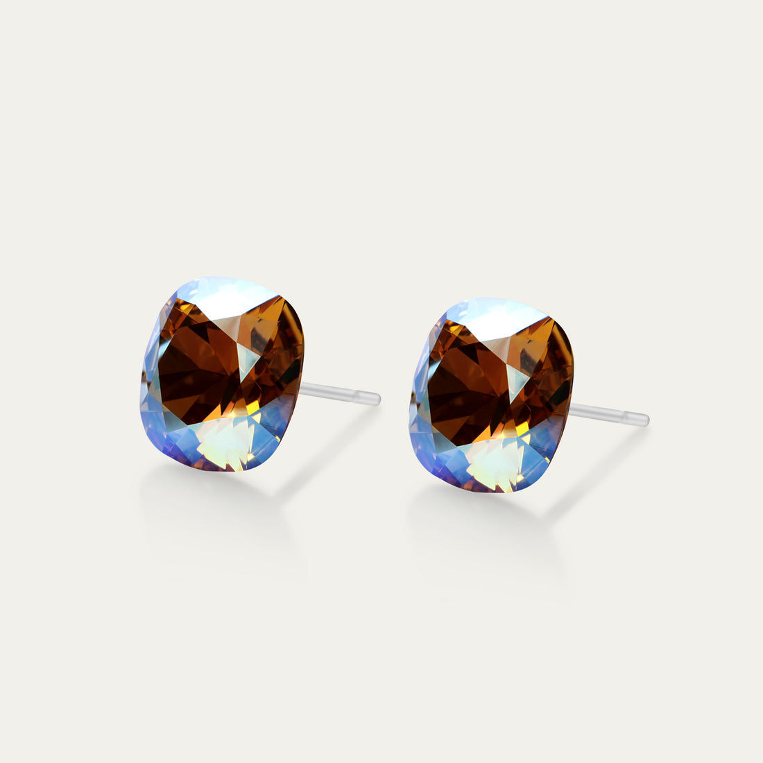 Sophia - Iridescent Light Colorado Topaz - 10mm Blue & Brown & Iridescent Color Crystal Cushion - Hypoallergenic Stainless Steel Stud Earring