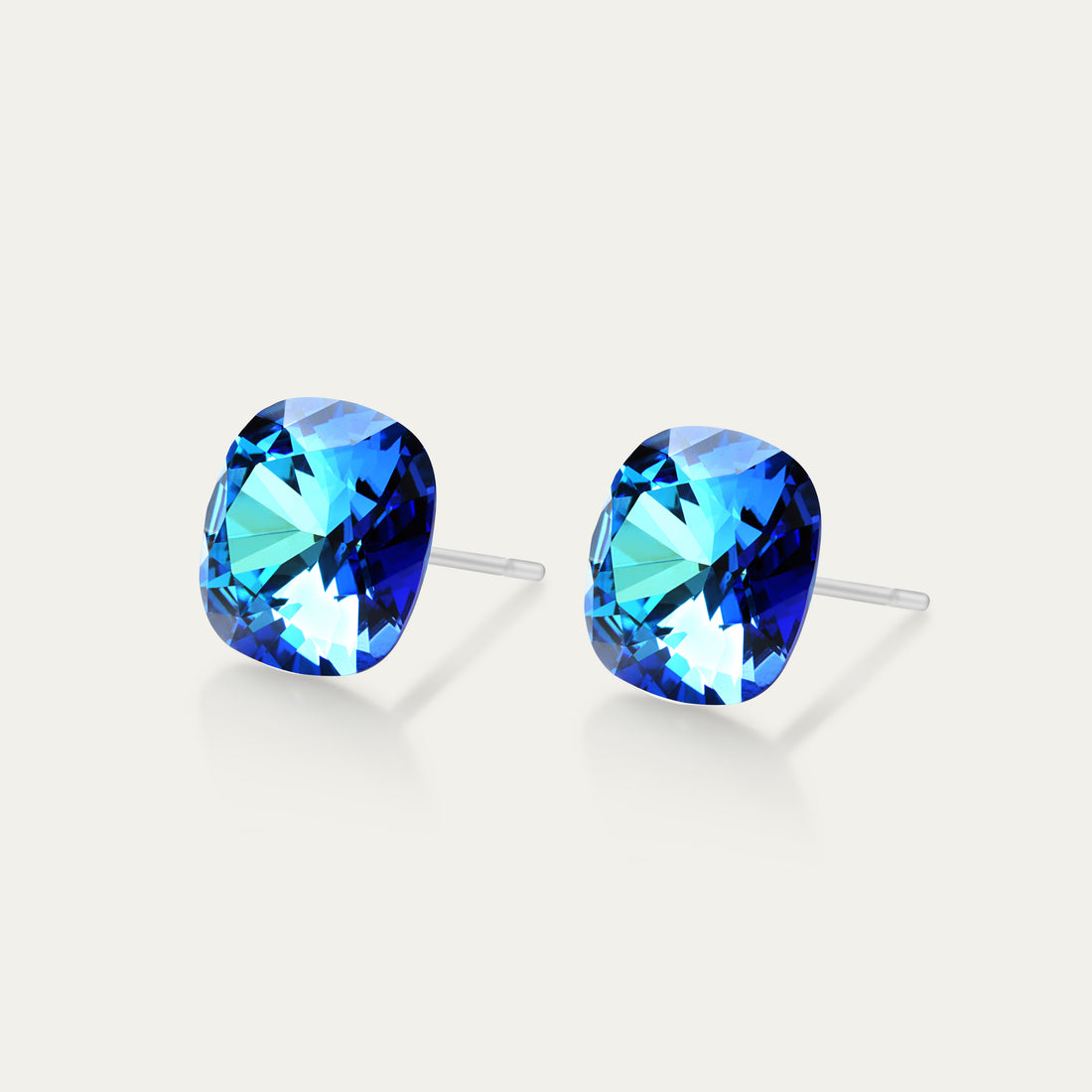 Sophia - Bermuda Blue - 10mm Blue &amp; Green &amp; Iridescent Color Crystal Cushion - Hypoallergenic Stainless Steel Stud Earring