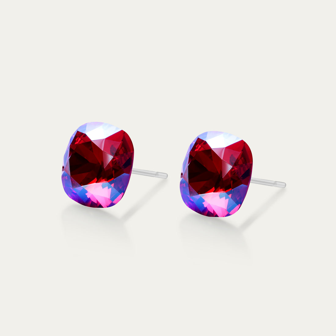 Sophia - Iridescent  Light Siam - 10mm Red & Iridescent Color Crystal Cushion - Hypoallergenic Stainless Steel Stud Earring