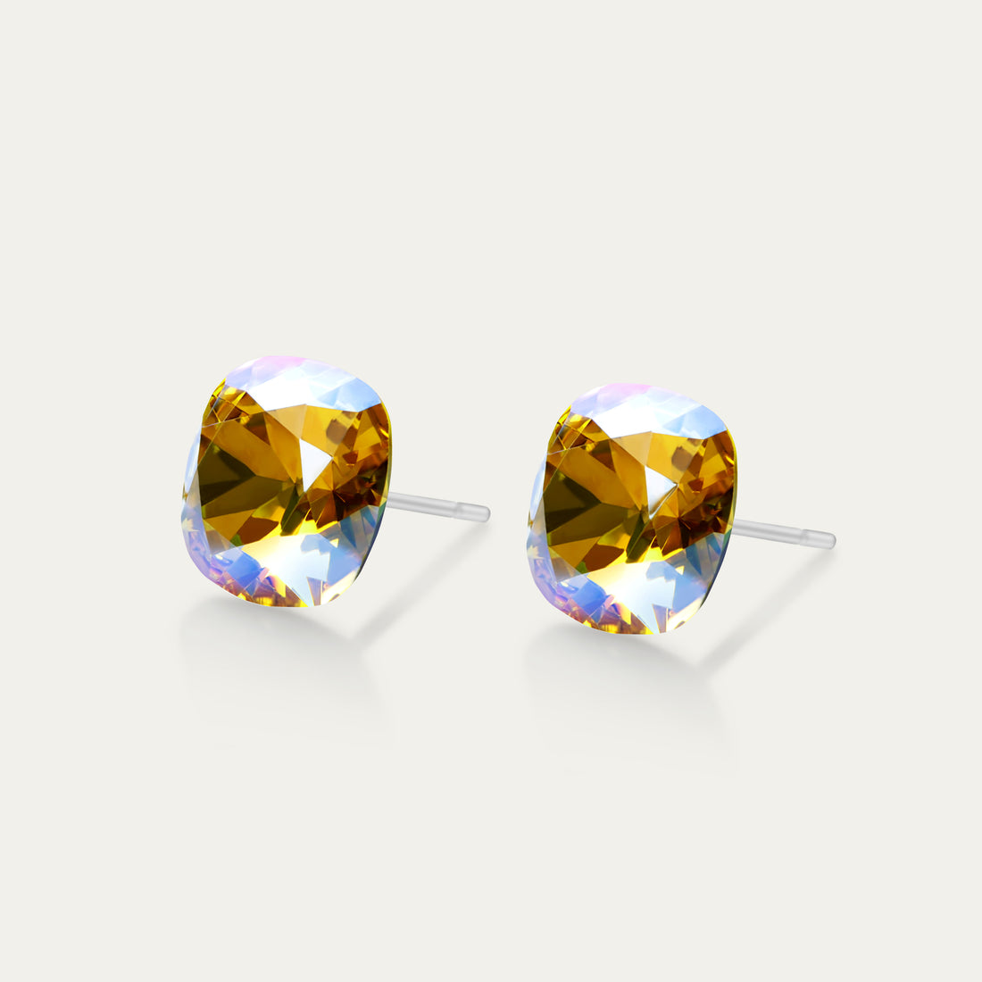 Sophia - Iridescent  Light Topaz - 10mm Yellow & Iridescent Color Crystal Cushion - Hypoallergenic Stainless Steel Stud Earring