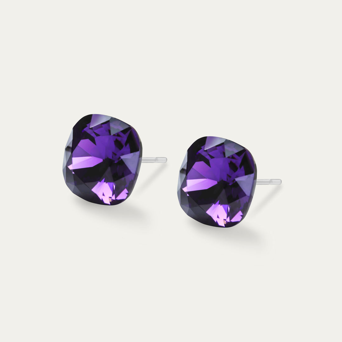 Sophia - Purple Velvet - 10mm Purple Color Crystal Cushion - Hypoallergenic Stainless Steel Stud Earring
