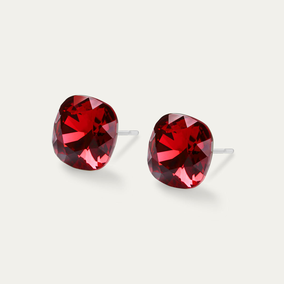 Sophia - Scarlet - 10mm Red Color Crystal Cushion - Hypoallergenic Stainless Steel Stud Earring