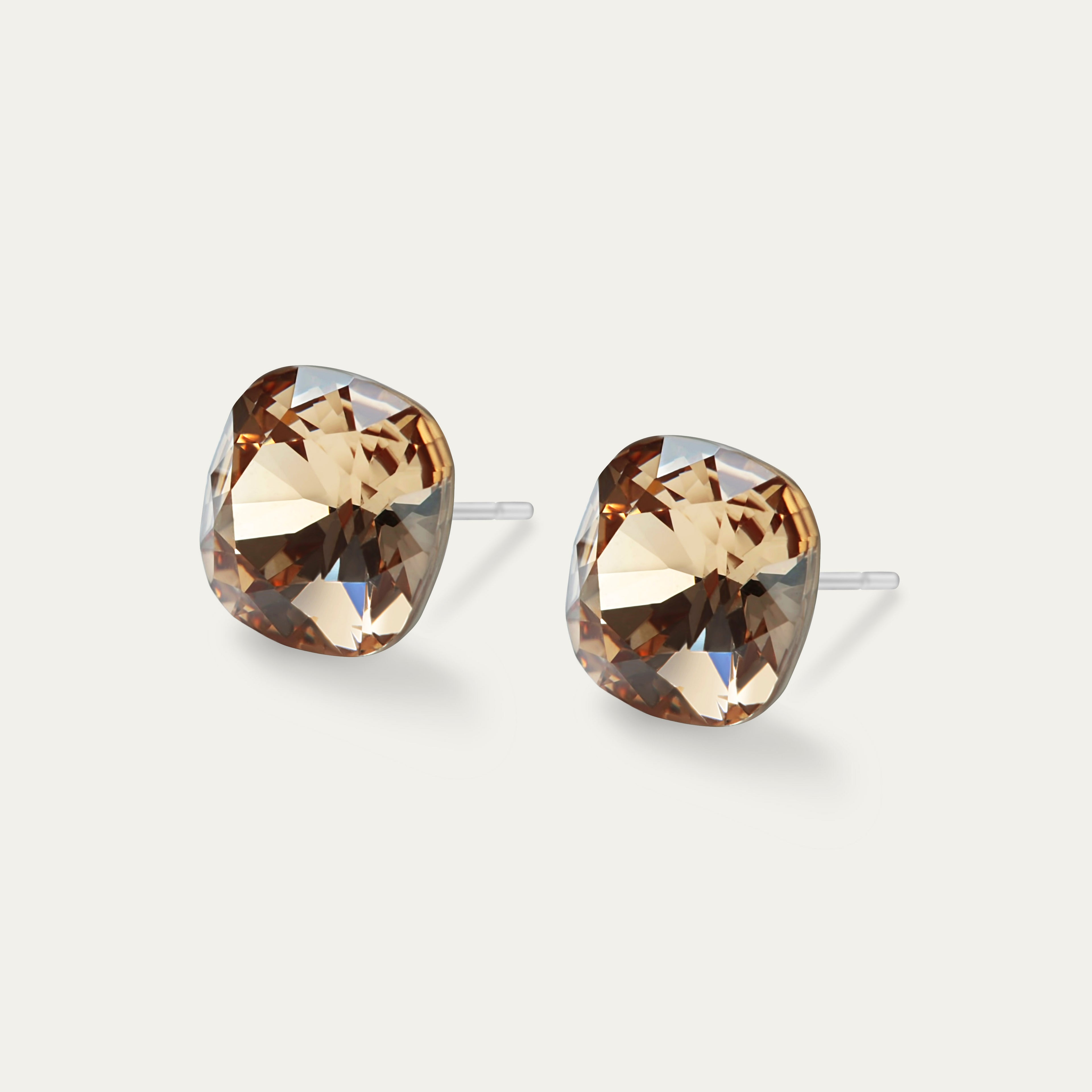 Sophia - Light Col Topaz - 10mm Brown Color Crystal Cushion - Hypoallergenic Stainless Steel Stud Earring