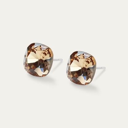 Sophia - Light Col Topaz - 10mm Brown Color Crystal Cushion - Hypoallergenic Stainless Steel Stud Earring