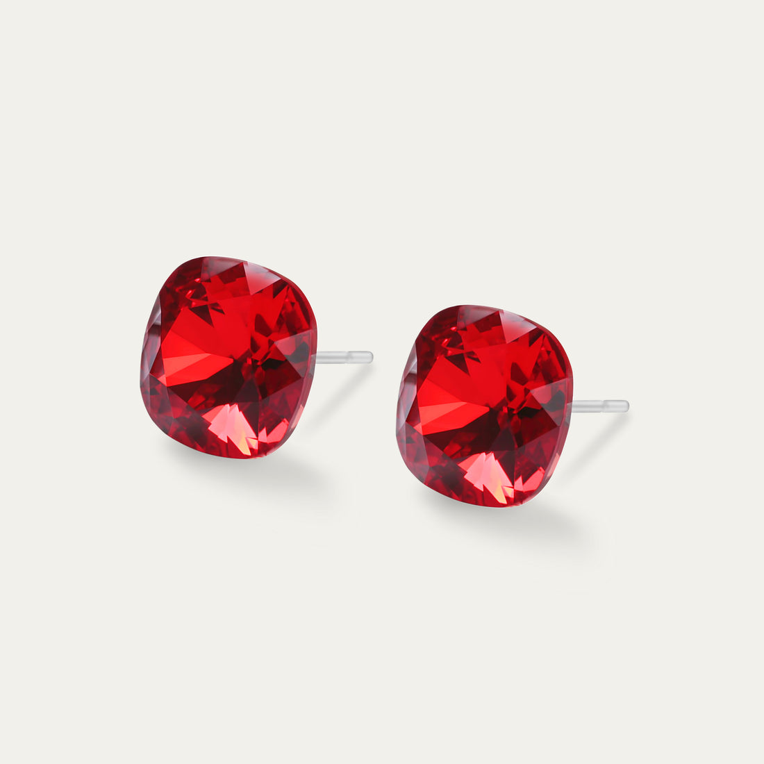 Sophia - Light Siam - 10mm Red Color Crystal Cushion - Hypoallergenic Stainless Steel Stud Earring