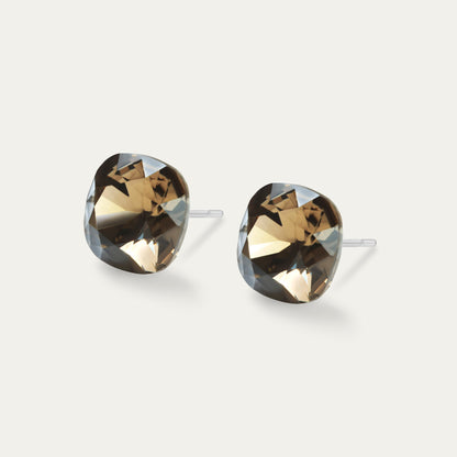 Sophia - Smoky Quartz - 10mm Brown Color Crystal Cushion - Hypoallergenic Stainless Steel Stud Earring