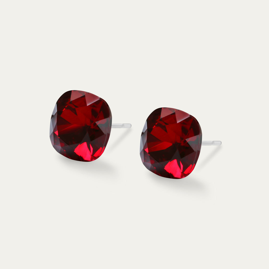 Sophia - Siam - 10mm Red Color Crystal Cushion - Hypoallergenic Stainless Steel Stud Earring