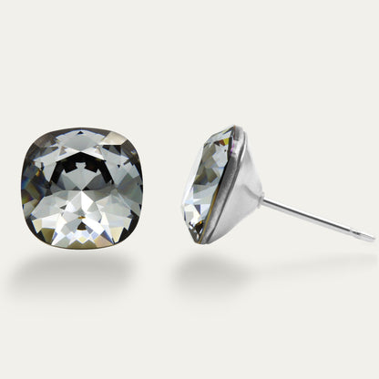 Sophia - Silver Night - 10mm Silver &amp; Iridescent Color Crystal Cushion - Hypoallergenic Stainless Steel Stud Earring - Seona