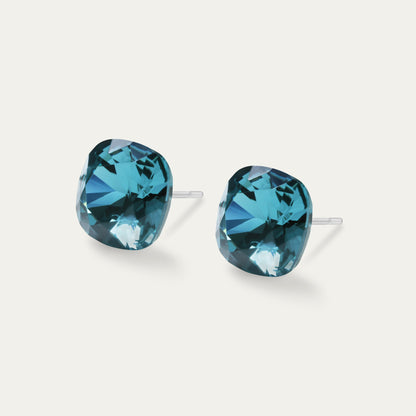 Sophia - Light Turquoise - 10mm Blue &amp; Green Color Crystal Cushion - Hypoallergenic Stainless Steel Stud Earring - Seona