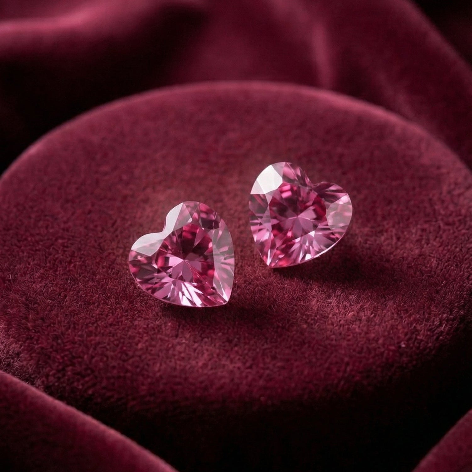 Heart-shaped pink earrings on a burgundy fabric background